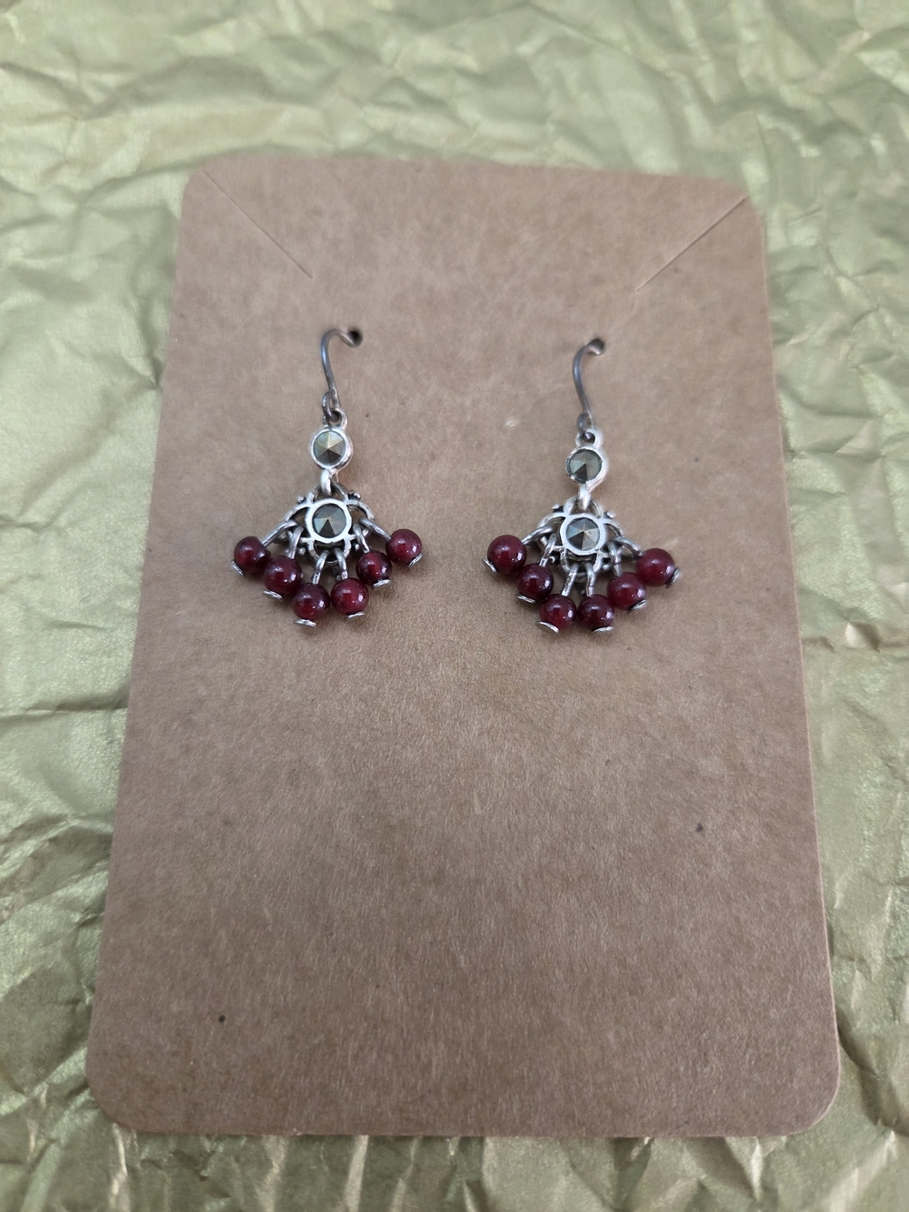 Sterling Silver Garnet Bead And Marcasite Dangle Earrings